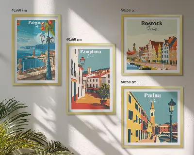 Retro byillustrationer billedsæt med ramme