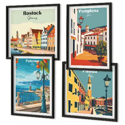 Retro byillustrationer billedsæt med ramme