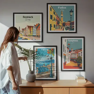 Retro byillustrationer billedsæt med ramme
