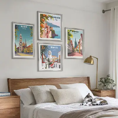 Europæiske byer i farveillustrationer billedvæg til over sofaen