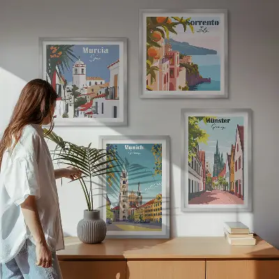 Europæiske byer i farveillustrationer billedvæg til over sofaen