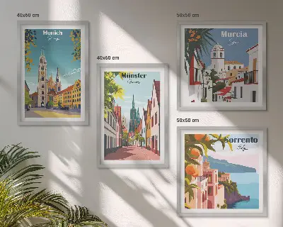 Europæiske byer i farveillustrationer billedvæg til over sofaen