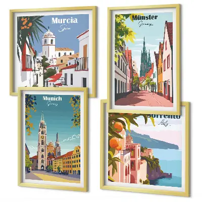 Europæiske byer i farveillustrationer billedvæg til over sofaen
