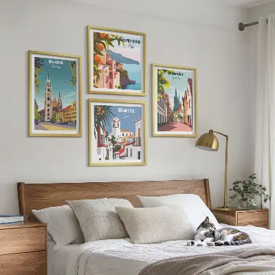 Europæiske byer i farveillustrationer billedvæg til over sofaen