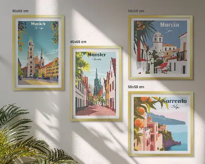 Europæiske byer i farveillustrationer billedvæg til over sofaen