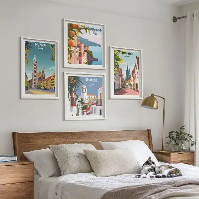 Europæiske byer i farveillustrationer billedvæg til over sofaen