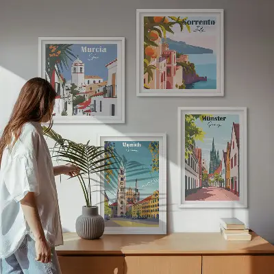 Europæiske byer i farveillustrationer billedvæg til over sofaen
