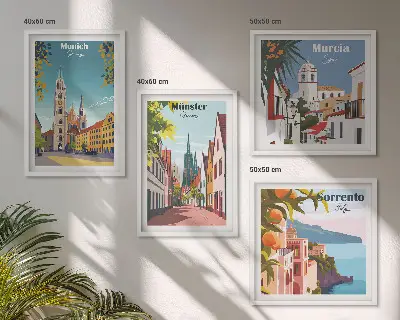 Europæiske byer i farveillustrationer billedvæg til over sofaen