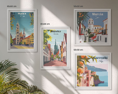 Billedvæg over sofa Europæiske byer i farveillustrationer