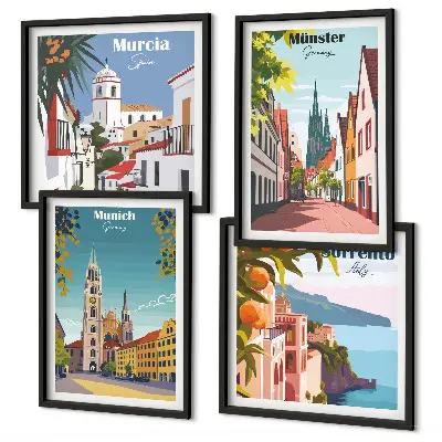 Europæiske byer i farveillustrationer billedvæg til over sofaen