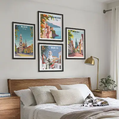 Europæiske byer i farveillustrationer billedvæg til over sofaen