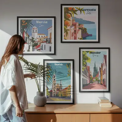 Europæiske byer i farveillustrationer billedvæg til over sofaen
