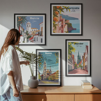 Billedvæg over sofa Europæiske byer i farveillustrationer