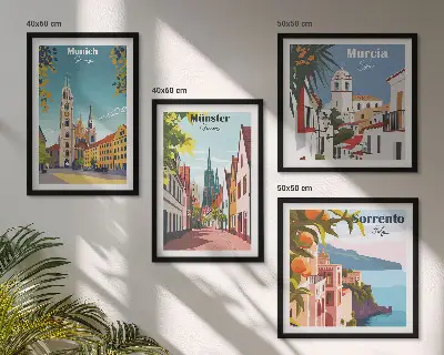 Europæiske byer i farveillustrationer billedvæg til over sofaen