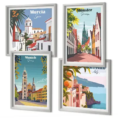 Europæiske byer i farveillustrationer billedvæg til over sofaen