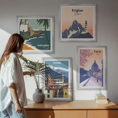 Billedvæg med retroarkitektur i bjergene til ophæng over sofaen