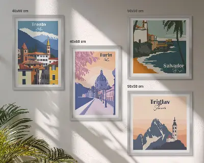 Billedvæg med retroarkitektur i bjergene til ophæng over sofaen
