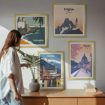 Billedvæg med retroarkitektur i bjergene til ophæng over sofaen