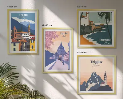 Billedvæg med retroarkitektur i bjergene til ophæng over sofaen