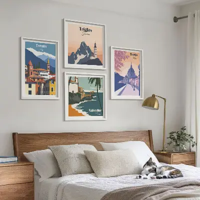 Billedvæg med retroarkitektur i bjergene til ophæng over sofaen