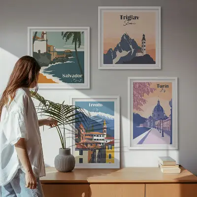 Billedvæg med retroarkitektur i bjergene til ophæng over sofaen
