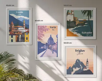 Billedvæg med retroarkitektur i bjergene til ophæng over sofaen