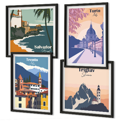 Billedvæg over sofa Illustrationer af retroarkitektur i bjergene