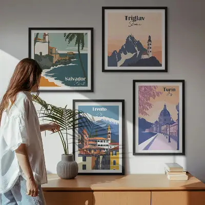 Billedvæg med retroarkitektur i bjergene til ophæng over sofaen
