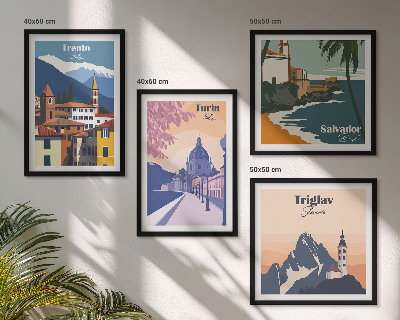Billedvæg over sofa Illustrationer af retroarkitektur i bjergene