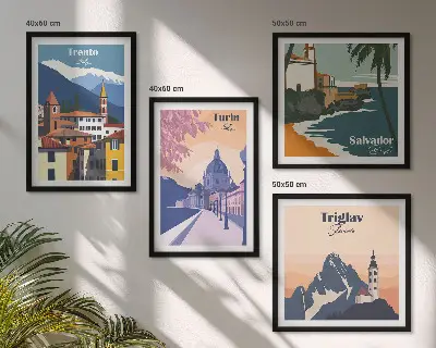 Billedvæg med retroarkitektur i bjergene til ophæng over sofaen