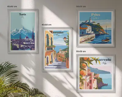 Billedvæg over sofa med farverige illustrationer af retrobyer