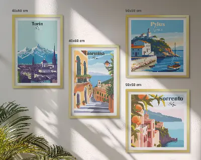 Billedvæg over sofa med farverige illustrationer af retrobyer