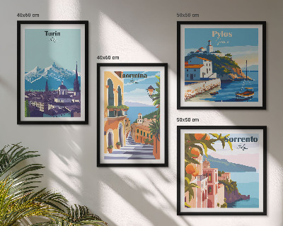 Billedvæg over sofa Farverige illustrationer af retrobyer