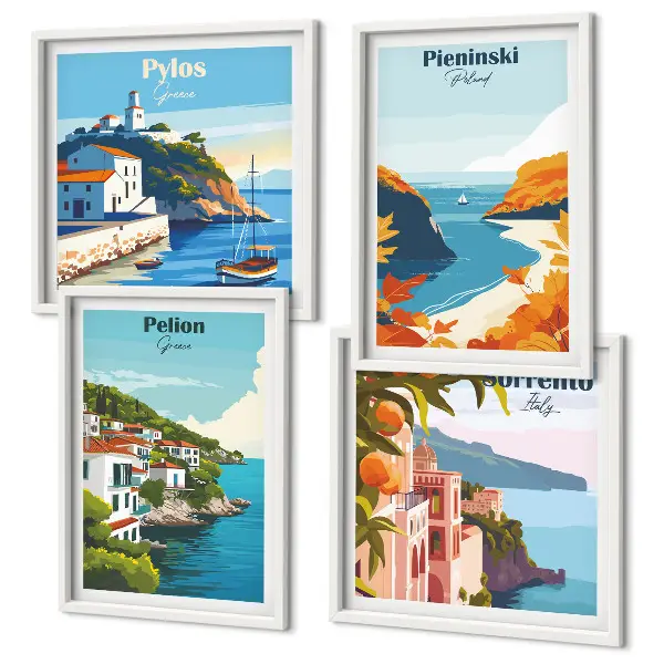 Retrolandskaber i malerisk stil billedsæt med ramme