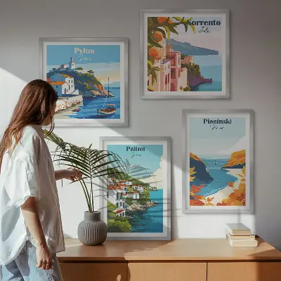Retrolandskaber i malerisk stil billedsæt med ramme