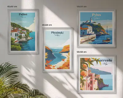Retrolandskaber i malerisk stil billedsæt med ramme