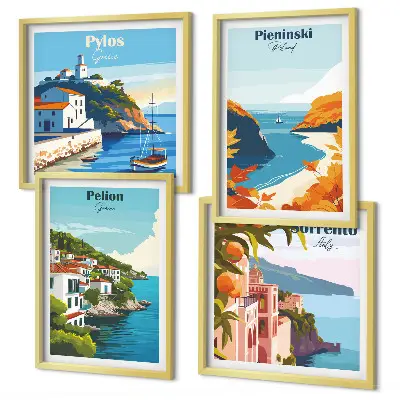Retrolandskaber i malerisk stil billedsæt med ramme