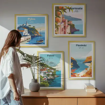 Retrolandskaber i malerisk stil billedsæt med ramme