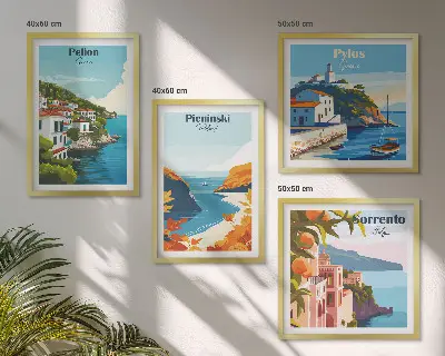 Retrolandskaber i malerisk stil billedsæt med ramme