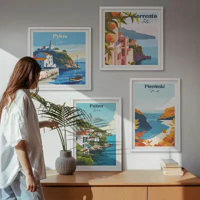Retrolandskaber i malerisk stil billedsæt med ramme