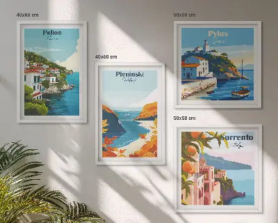 Retrolandskaber i malerisk stil billedsæt med ramme
