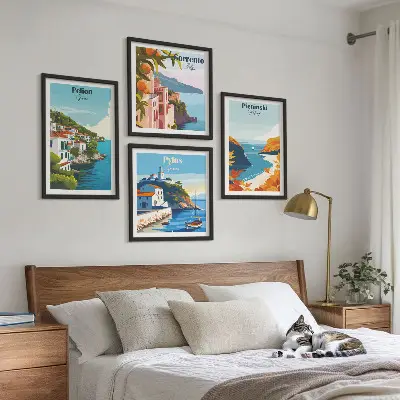 Retrolandskaber i malerisk stil billedsæt med ramme