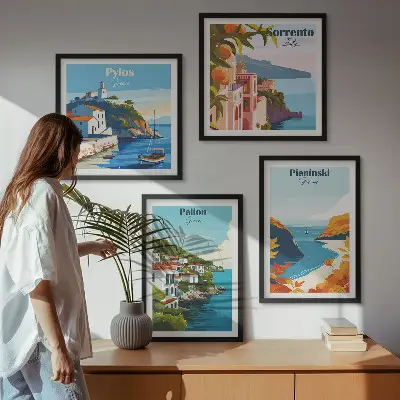 Retrolandskaber i malerisk stil billedsæt med ramme