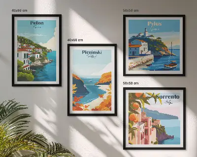 Retrolandskaber i malerisk stil billedsæt med ramme