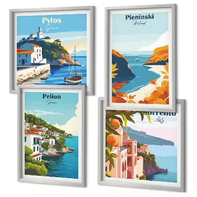 Retrolandskaber i malerisk stil billedsæt med ramme