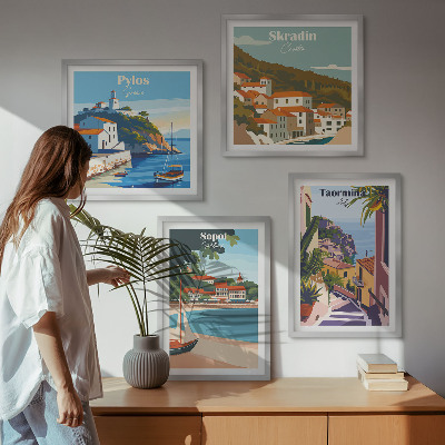 Billedvæg over sofa Illustrationer af kystbyer