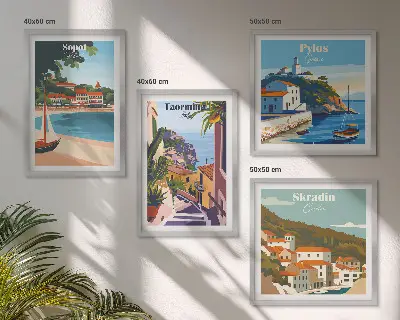Illustrationer af kystbyer billedvæg til ophængning over sofaen