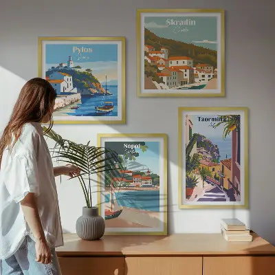 Illustrationer af kystbyer billedvæg til ophængning over sofaen