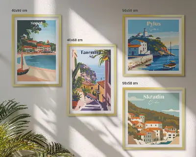 Illustrationer af kystbyer billedvæg til ophængning over sofaen