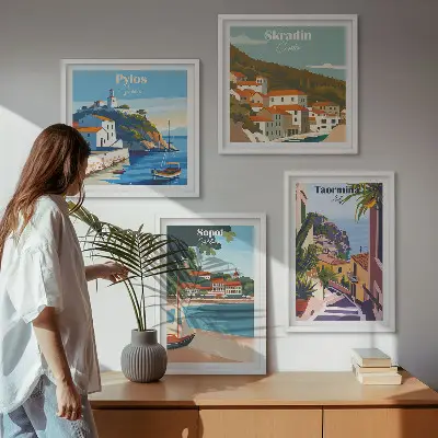 Illustrationer af kystbyer billedvæg til ophængning over sofaen